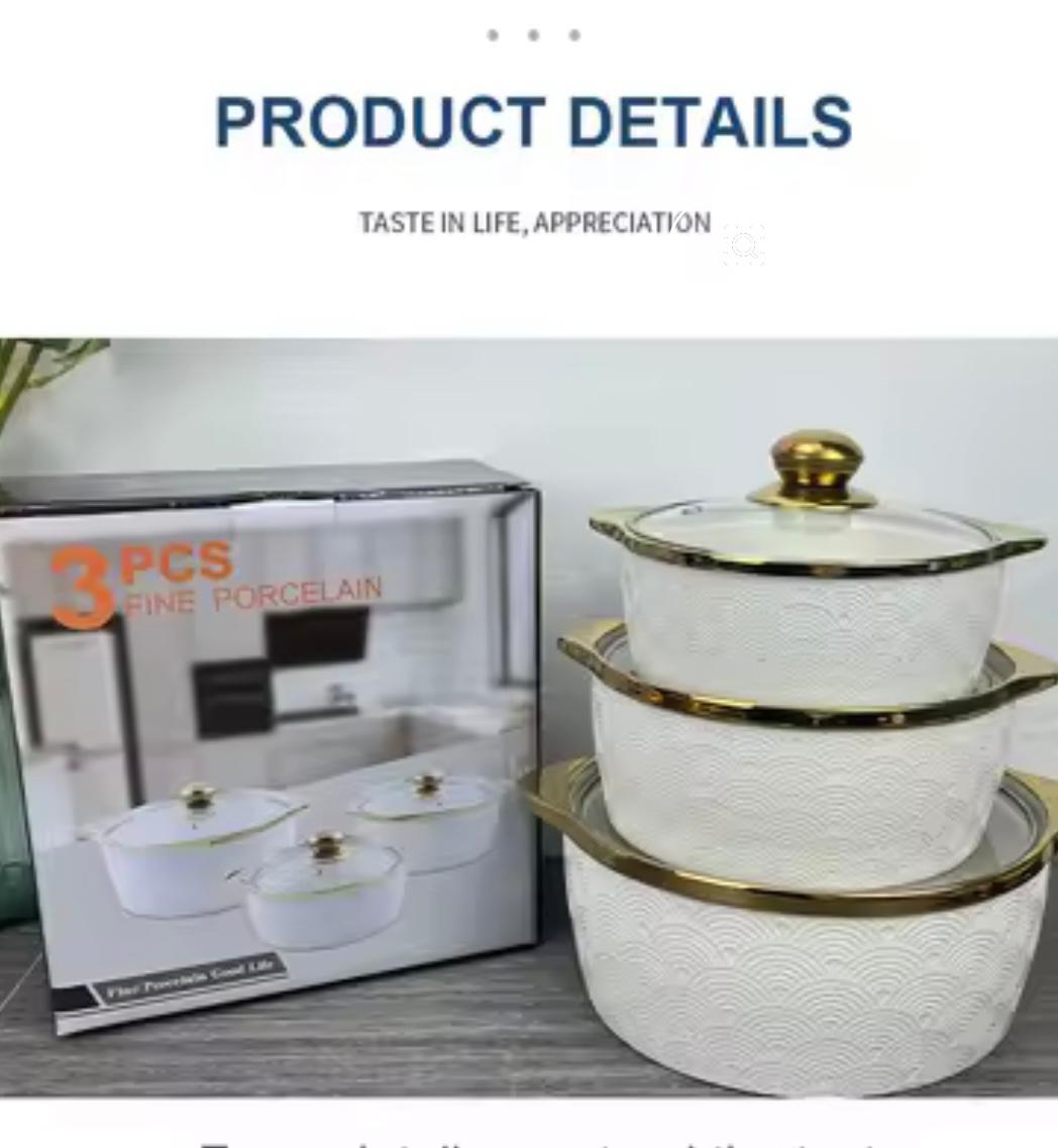 Three-piece white fine porcelain cookware set with gold trim and glass lids, shown next to its retail box on a gray tabletop. The image includes a 'PRODUCT DETAILS' header at the top.

