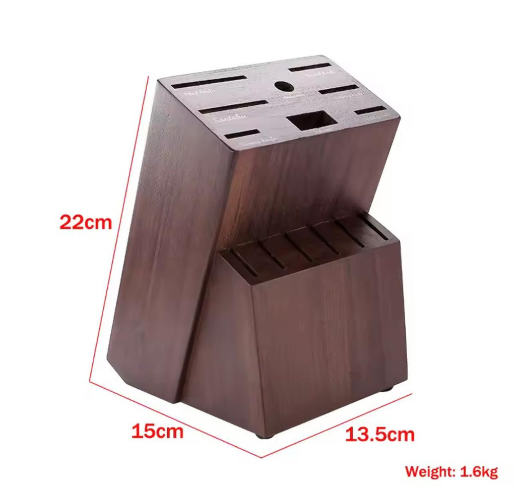 Dark brown wooden knife block with red dimension lines showing height of 22cm, width of 15cm, depth of 13.5cm, and weight of 1.

