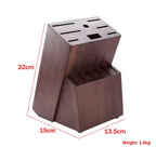 Dark brown wooden knife block with red dimension lines showing height of 22cm, width of 15cm, depth of 13.5cm, and weight of 1.

