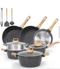A 7-piece non-stick cookware set with dark gray speckled interiors and light wood handles, shown with three lids and three utensils (tongs, spatula, and ladle) on a white background.


