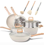 A 7-piece ceramic non-stick cookware set with light wood handles and lids, including a deep pot, two saucepans, a grater, and three utensils, displayed on a clean white background.

