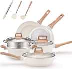 A 12-piece white non-stick cookware set with light wood handles and lids, shown with three matching utensils (spoon, spatula, and ladle) on a clean white background.

