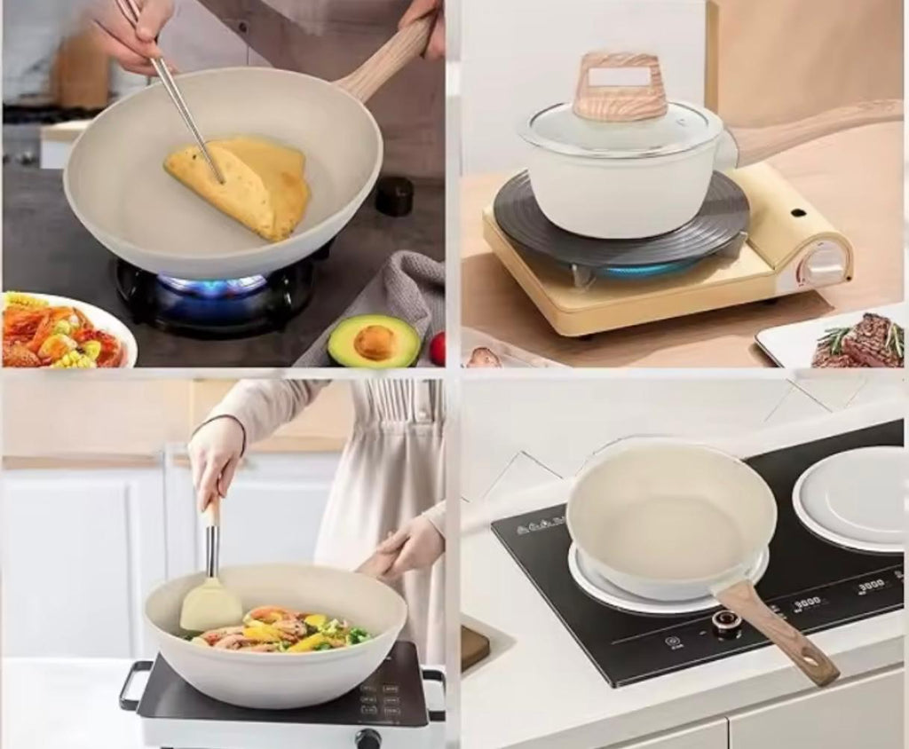 A 2x2 collage showing a light beige non-stick frying pan in different kitchen usage scenarios: frying an omelet, steaming a pot on a portable burner, stir-frying vegetables, and sitting on a built-in kitchen stove.

