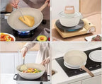 A 2x2 collage showing a light beige non-stick frying pan in different kitchen usage scenarios: frying an omelet, steaming a pot on a portable burner, stir-frying vegetables, and sitting on a built-in kitchen stove.

