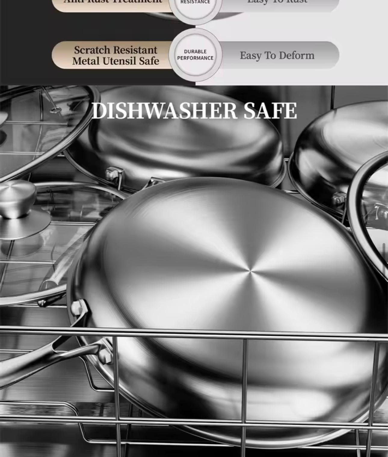 Stainless steel dishwasher-safe cookware, including a large skillet and other pots and pans, shown inside a dishwasher with the text 'DISHWASHER SAFE' overlaid across the center.

