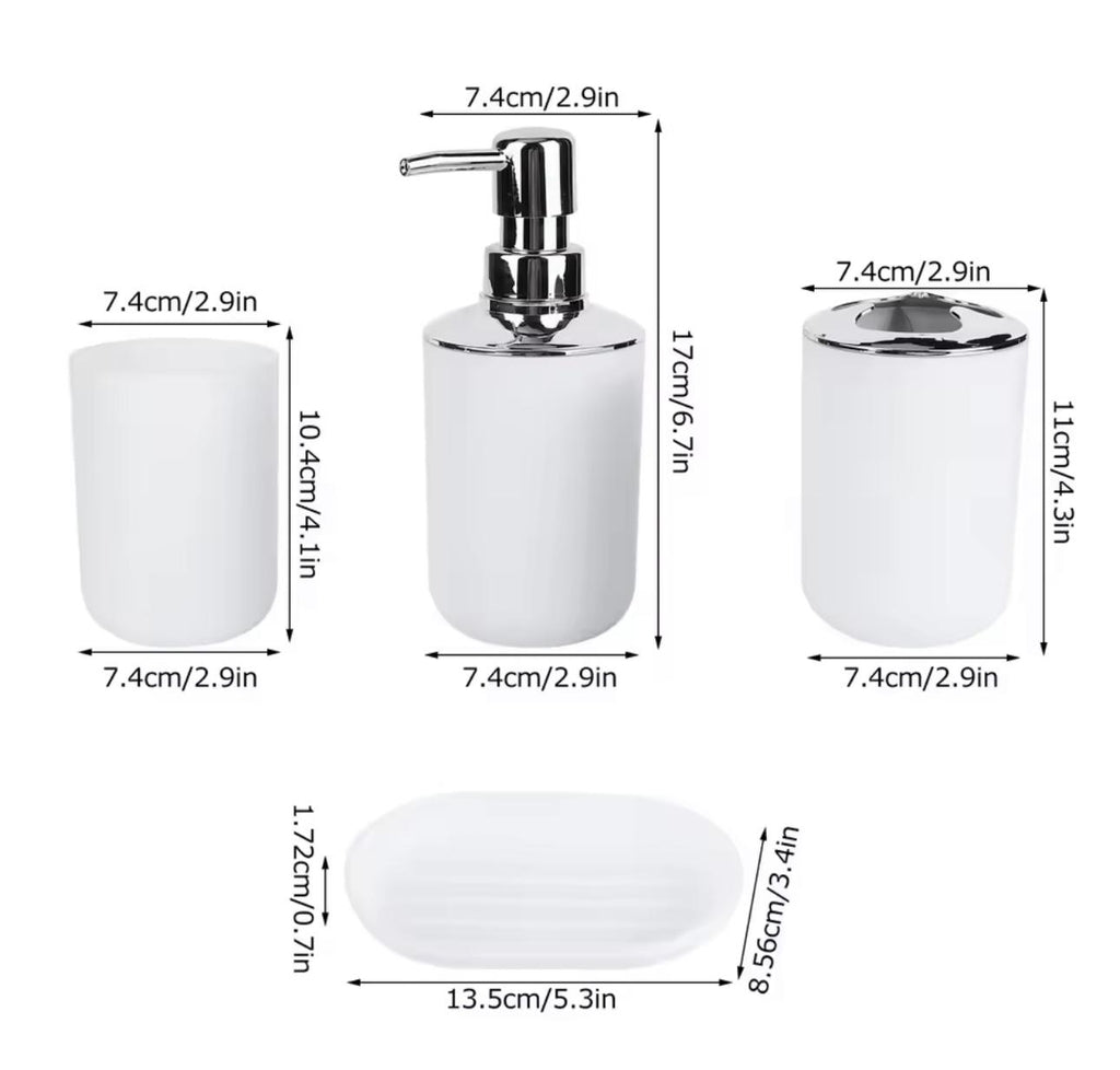 White bathroom accessory set with dimension labels: a small cup, a pump bottle with dispenser, a small tray, and a soap dish, shown on a light gray background with measurements in centimeters and inches.

