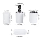 White bathroom accessory set with dimension labels: a small cup, a pump bottle with dispenser, a small tray, and a soap dish, shown on a light gray background with measurements in centimeters and inches.

