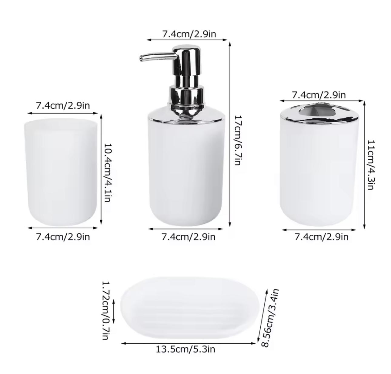 White bathroom accessory set with dimension labels: a small cup, a pump bottle with dispenser, a small tray, and a soap dish, shown on a light gray background with measurements in centimeters and inches.

