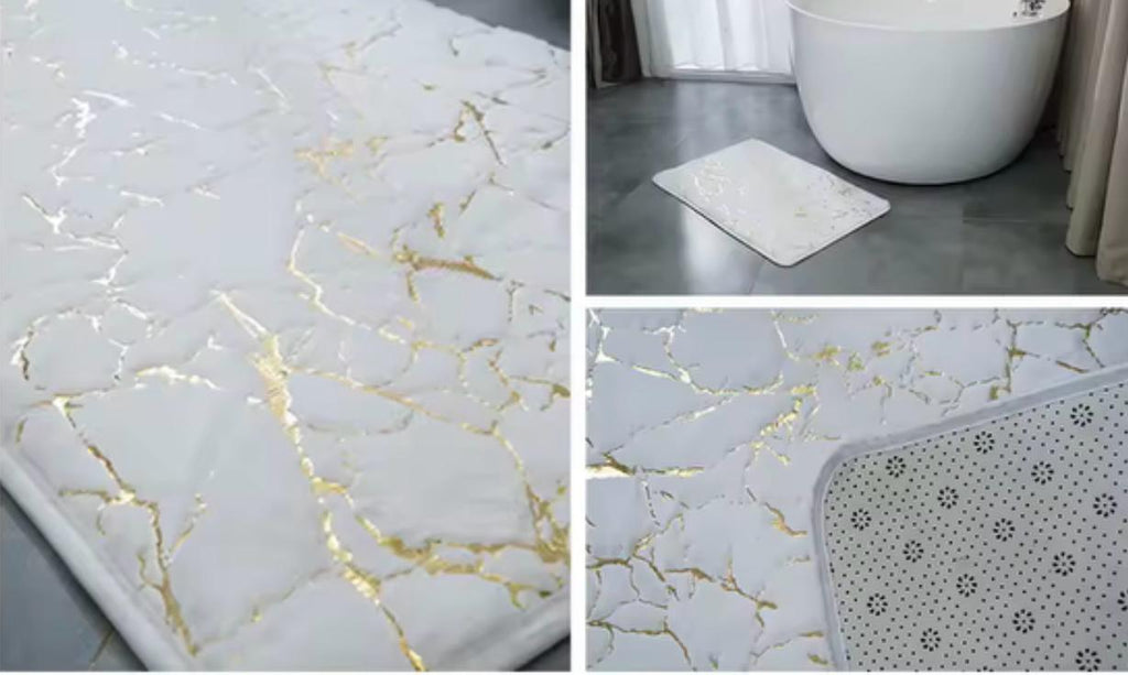A collage showing a white bath mat with a gold marble pattern. The left panel shows a close-up of the textured surface with gold veins.

