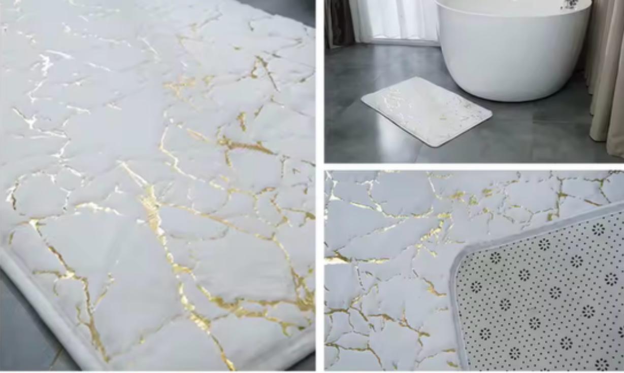 A collage showing a white bath mat with a gold marble pattern. The left panel shows a close-up of the textured surface with gold veins.

