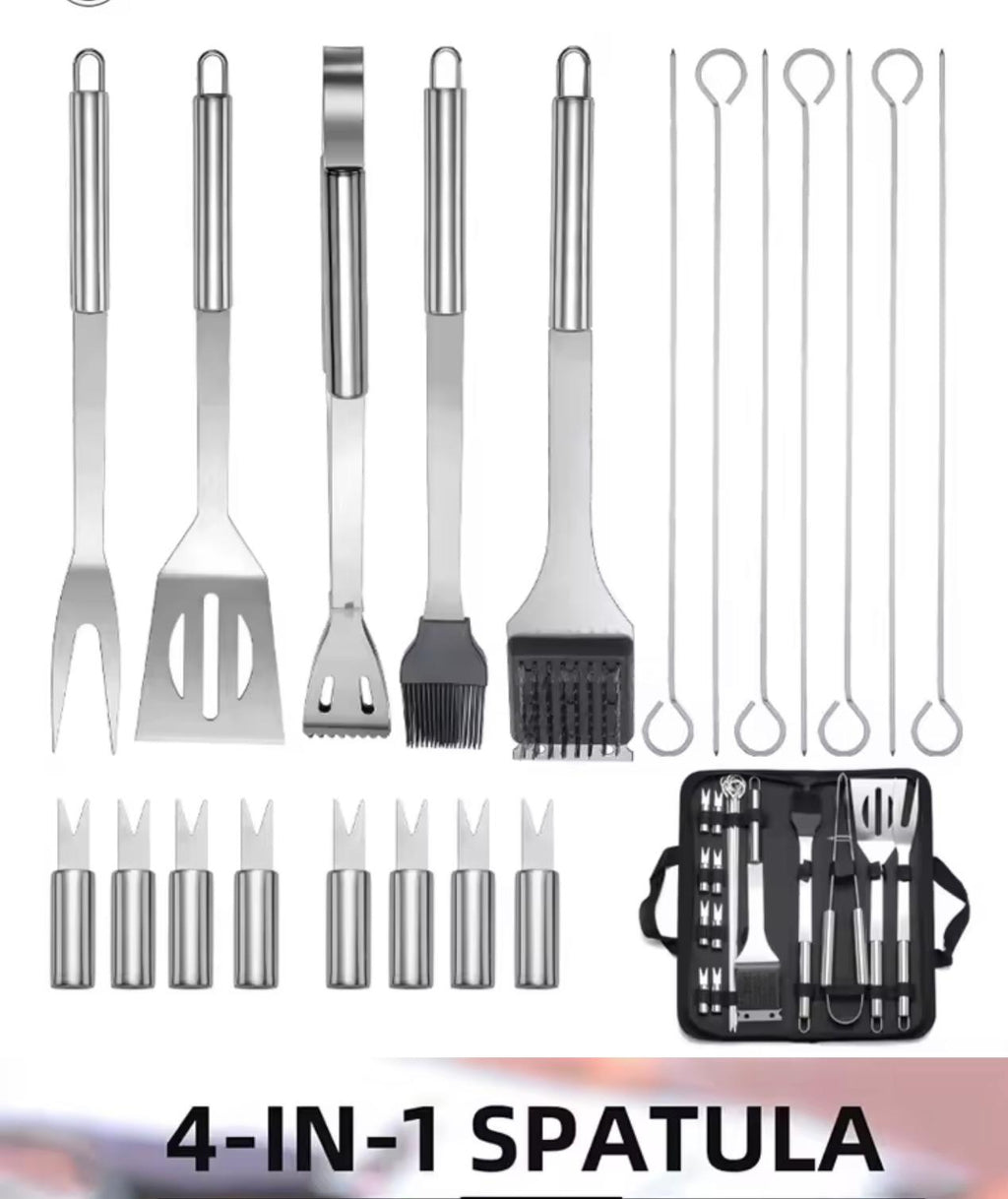 A 12-piece stainless steel barbecue tool set with black accents, including a 4-in-1 spatula, shown with its black carrying case on a white background with text overlay '4-IN-1 SPATULA'.

