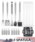 A 12-piece stainless steel barbecue tool set with black accents, including a 4-in-1 spatula, shown with its black carrying case on a white background with text overlay '4-IN-1 SPATULA'.

