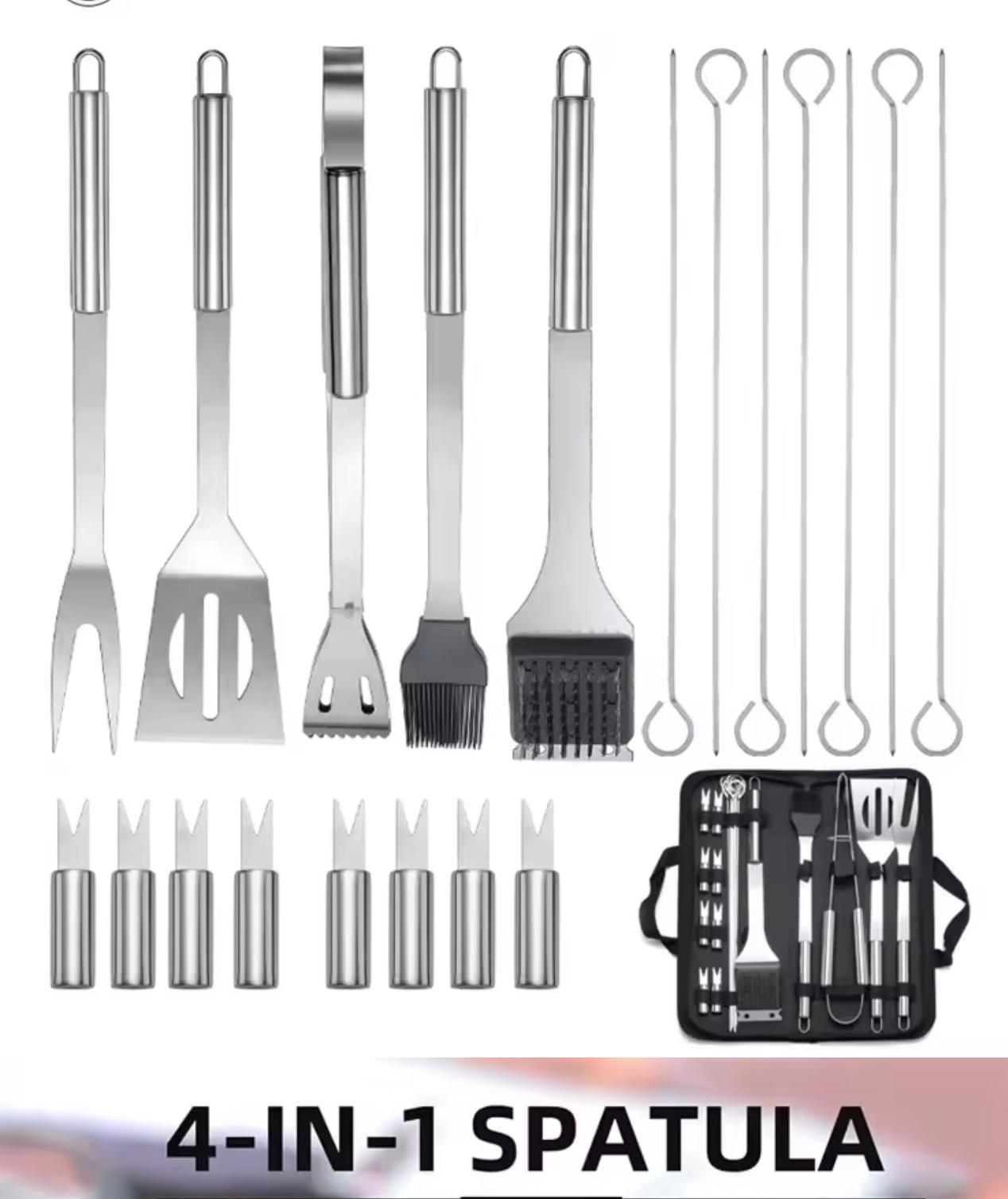 A 12-piece stainless steel barbecue tool set with black accents, including a 4-in-1 spatula, shown with its black carrying case on a white background with text overlay '4-IN-1 SPATULA'.

