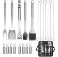 A 16-piece stainless steel BBQ tool set with black silicone handles and accessories, shown with a black carrying case on a white background.


