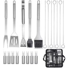 A 16-piece stainless steel BBQ tool set with black silicone handles and accessories, shown with a black carrying case on a white background.

