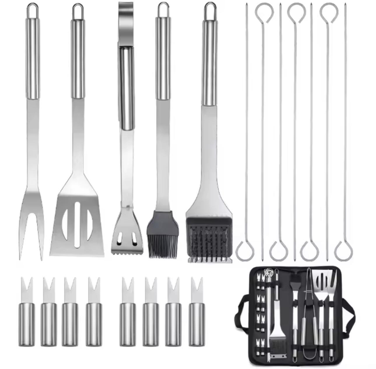 A 16-piece stainless steel BBQ tool set with black silicone handles and accessories, shown with a black carrying case on a white background.

