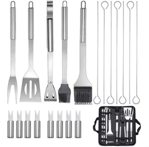 A 16-piece stainless steel BBQ tool set with black silicone handles and accessories, shown with a black carrying case on a white background.

