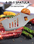 A stainless steel 4-in-1 spatula shown in use on a black skillet with sliced steak, green asparagus, and a potato. The text at the top reads '4-IN-1 SPATULA' and 'CUT AND FLIP FOOD'.

