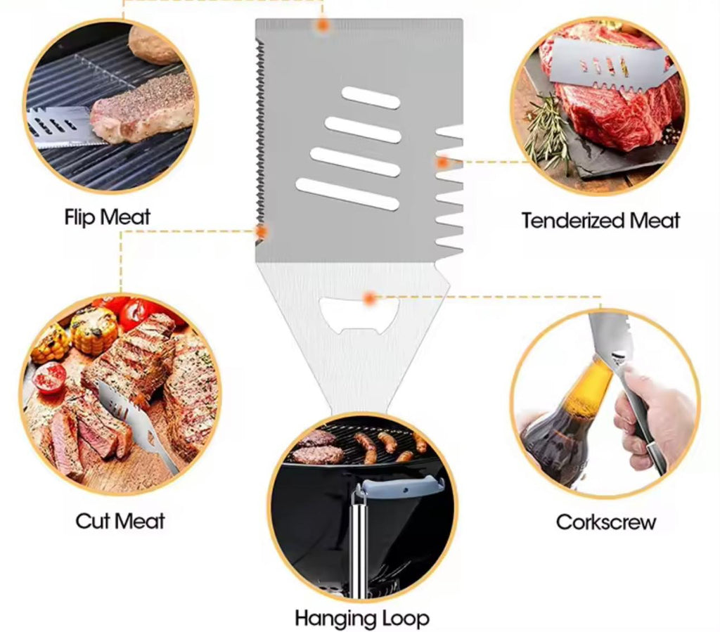 A multi-functional stainless steel barbecue tool shown on a white background with circular inset photos demonstrating uses: flipping meat, tenderizing meat, cutting meat, hanging loop, and corkscrew. The main product is a silver metal spatula-style tool with cutout slots and a serrated edge.

