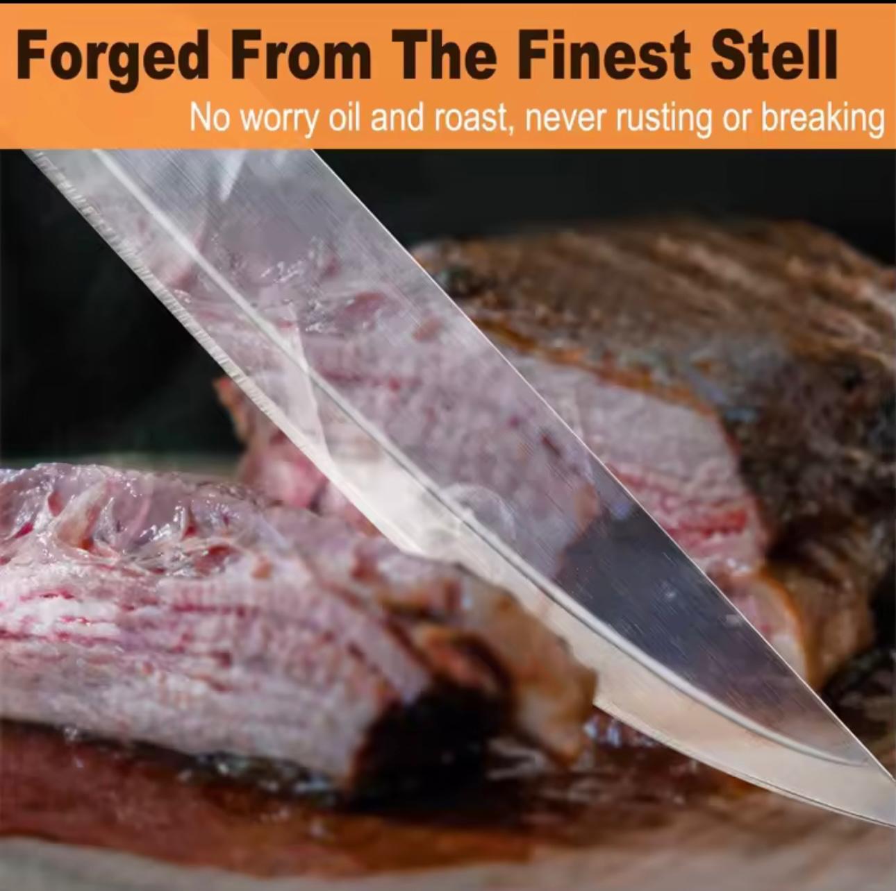 A close-up of a stainless steel carving knife slicing raw meat, with an orange banner at the top reading 'Forged From The Finest Stell' and 'No worry oil and roast, never rusting or breaking.'.

