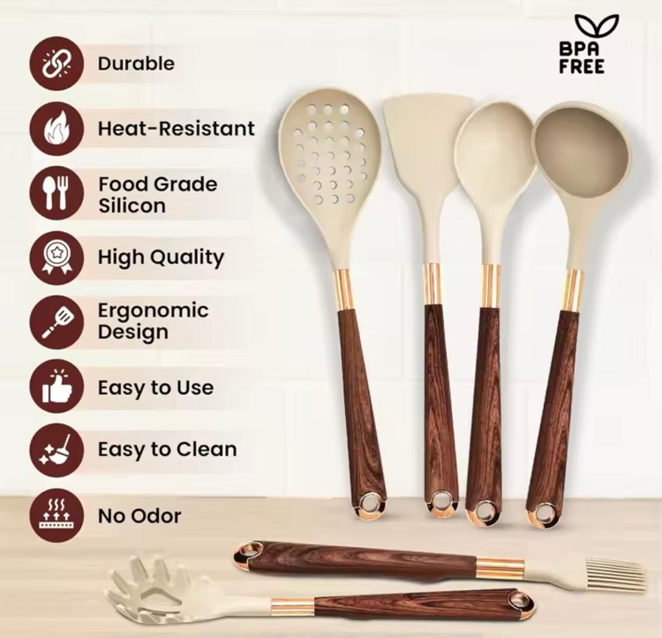 A 7-piece silicone kitchen utensil set with dark brown wood-grain handles and gold-colored collars, displayed on a light beige surface against a white tiled background. The left side features a list of product benefits with corresponding icons, and the right side shows the BPA Free logo.

