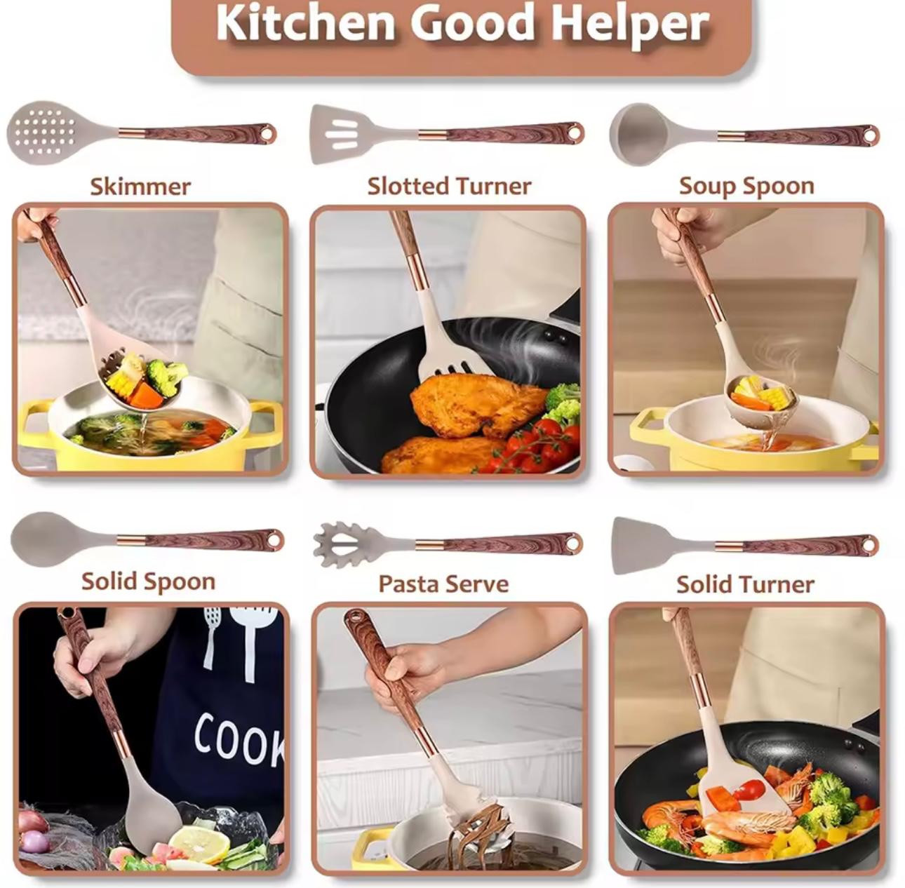 A collage showing a kitchen utensil set labeled 'Kitchen Good Helper,' including a skimmer, slotted turners, soup spoon, solid spoon, pasta serve, and solid turners, each demonstrated in a cooking scene with a hand visible.

