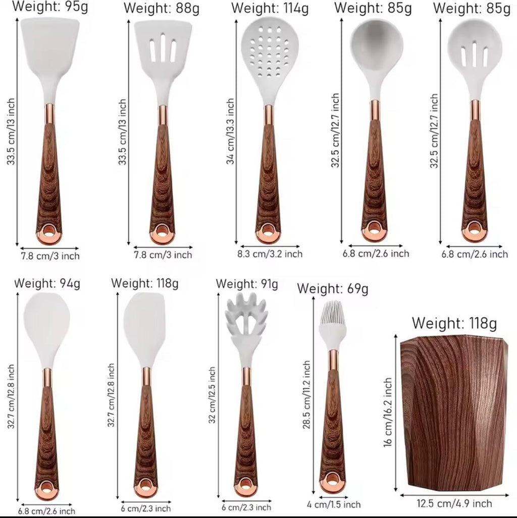 A 12-piece silicone kitchen utensil set with brown wood-grain handles, shown with detailed measurements and weights for each utensil and a storage container on a white background.

