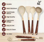 A 7-piece silicone kitchen utensil set with dark brown wood-grain handles and gold-colored collars, displayed on a light beige surface against a white tiled background. The left side features a list of product benefits with corresponding icons, and the right side shows the BPA Free logo.

