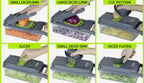 A 6-panel instructional collage showing a manual vegetable dicer and slicer kitchen tool in use. Panels demonstrate cutting patterns for small (6mm) and large (12mm) dices, a cut pattern, slicing, and the blade attachment, with hands operating the gray plastic device with clear containers holding chopped vegetables.

