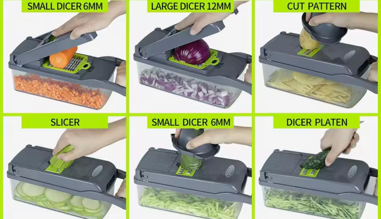 A 6-panel instructional collage showing a manual vegetable dicer and slicer kitchen tool in use. Panels demonstrate cutting patterns for small (6mm) and large (12mm) dices, a cut pattern, slicing, and the blade attachment, with hands operating the gray plastic device with clear containers holding chopped vegetables.

