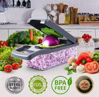 A kitchen countertop scene showing a KEMORELA manual food chopper with a translucent container filled with chopped purple onions, plus fresh vegetables around it. The chopper lid is open, and the image includes marketing badges at the bottom for stainless steel blades, FDA approved, BPA free, and lifetime warranty.

