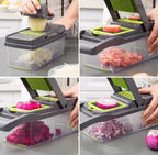 A four-panel demonstration of a manual vegetable chopper/slicer. The dark gray and green device is shown being used to shred a potato, dice a tomato, slice a red onion, and chop a purple onion, with the chopped vegetables collected in a clear plastic container.

