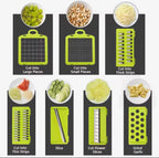 A multi-functional vegetable chopper and slicer set shown with eight demonstration panels on a light gray background. Each panel shows the lime green plastic container and blade assembly, along with example food outputs like chopped green onions, diced carrots, shredded cabbage, sliced cucumbers, flower petals, and minced garlic.

