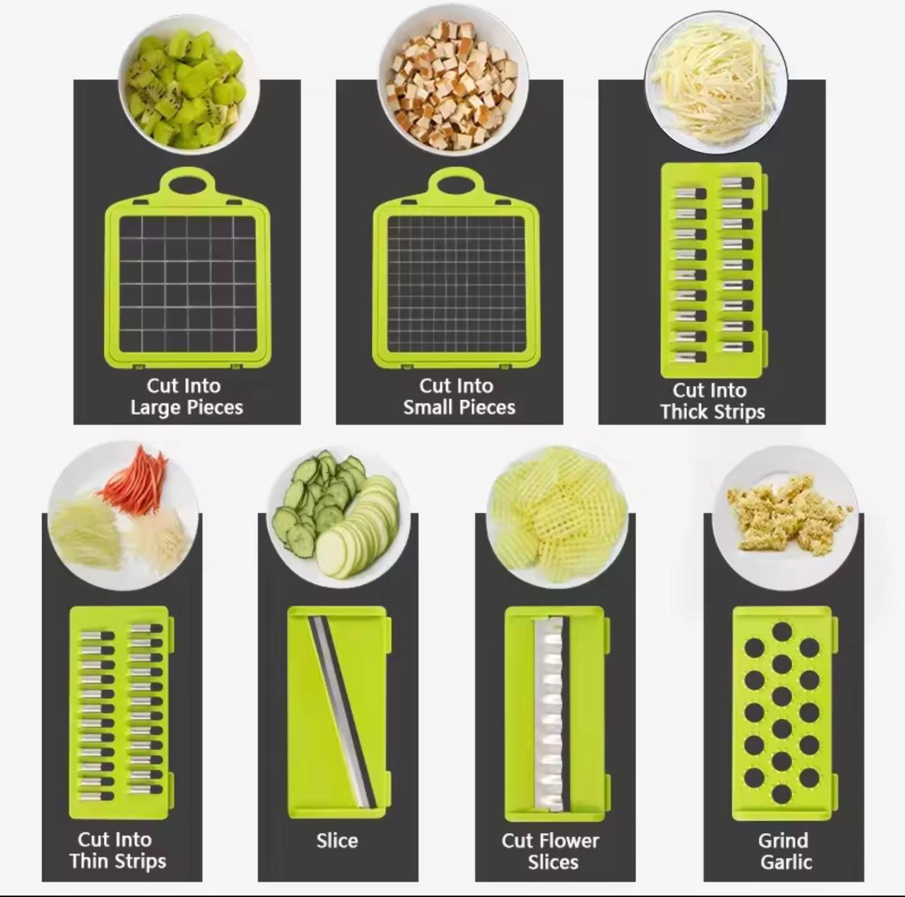 A multi-functional vegetable chopper and slicer set shown with eight demonstration panels on a light gray background. Each panel shows the lime green plastic container and blade assembly, along with example food outputs like chopped green onions, diced carrots, shredded cabbage, sliced cucumbers, flower petals, and minced garlic.

