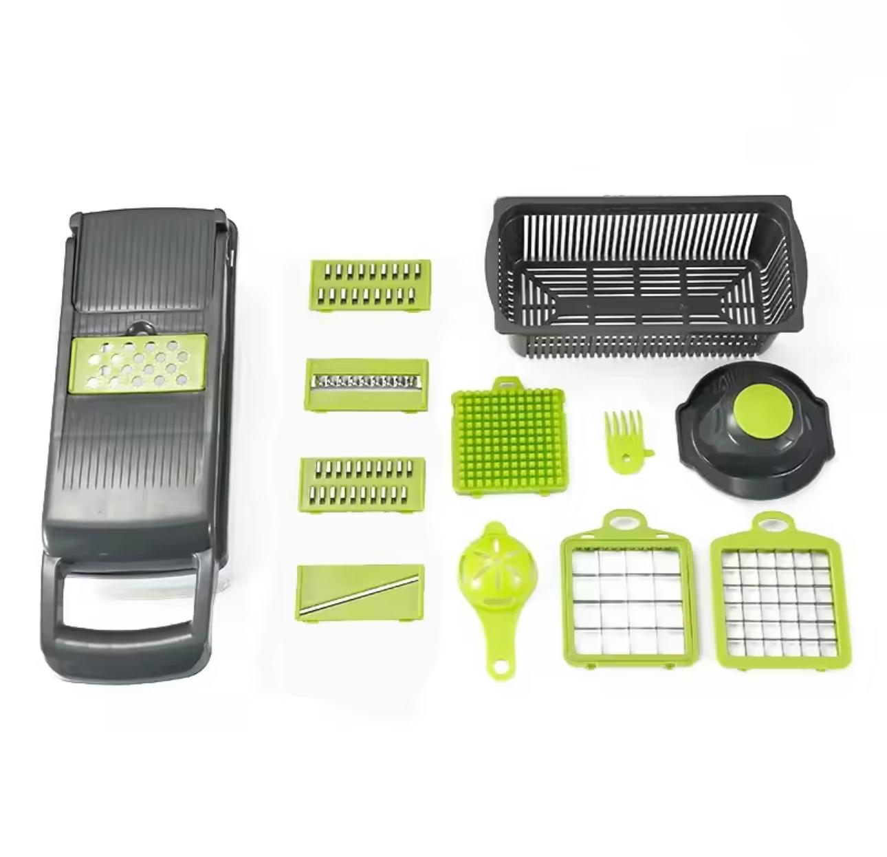 A multi-piece kitchen vegetable chopper and slicer set arranged on a white background. The set includes a dark gray manual mandoline slicer with lime green accents, several interchangeable blade attachments, a black plastic colander basket, a round black lid, a small fork, and two square grid cutting inserts.

