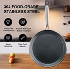 A stainless steel frying pan with a textured nonstick surface 