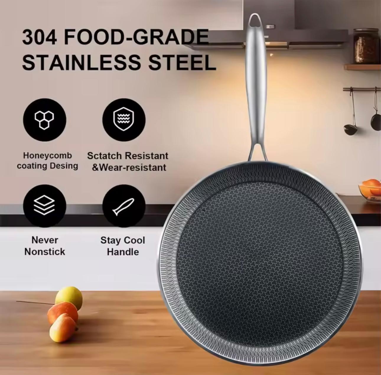 A stainless steel frying pan with a textured nonstick surface 