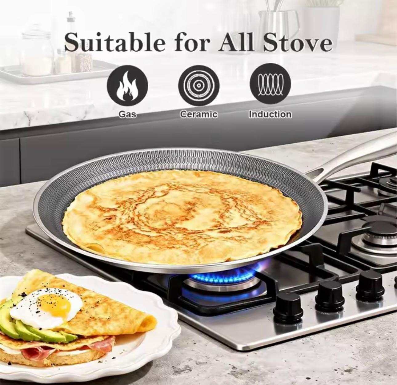 A non-stick frying pan with a textured exterior and smooth interior, shown cooking a crepe on a gas stovetop. A plate of avocado toast sits in the foreground.

