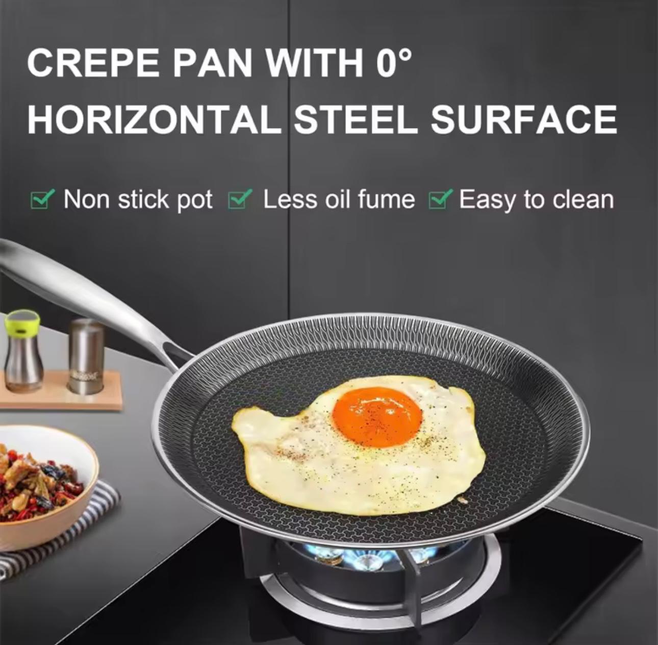 A crepe pan with a horizontal steel surface is shown frying an egg on a gas stove. The image includes marketing text highlighting features like non-stick coating, less oil fume, and easy cleaning.


