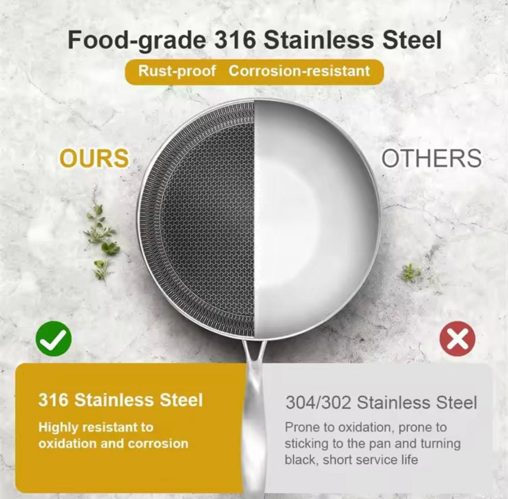 A promotional comparison graphic for a stainless steel pan, showing a split pan labeled 'OURS' on the left as food-grade 316 stainless steel and 'OTHERS' on the right as prone to oxidation. The background is a light marble texture with small herb sprigs, and text highlights rust-proof and corrosion-resistant properties.

