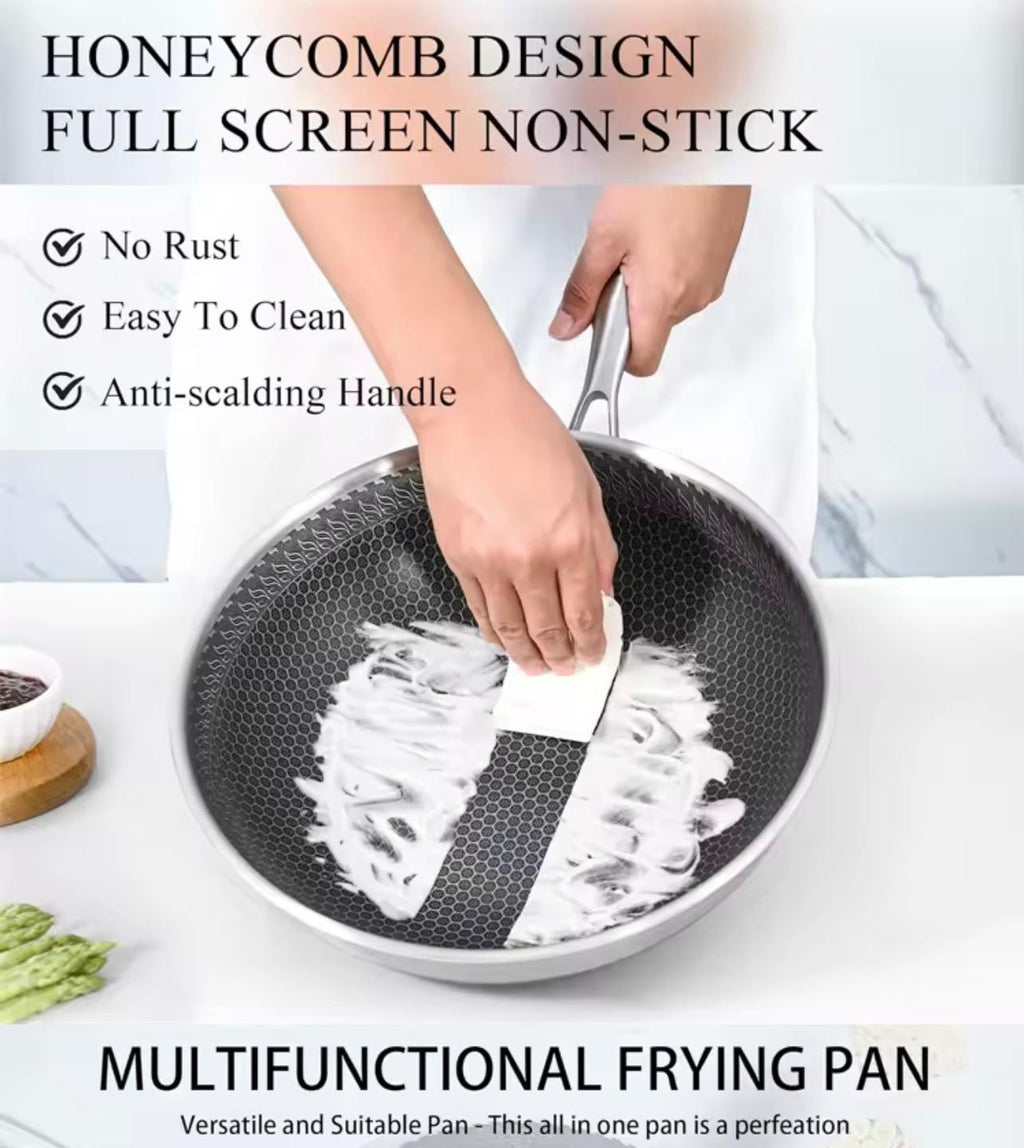  'HONEYCOMB DESIGN FULL SCREEN NON-STICK', 'No Rust', 'Easy To Clean', 'Anti-scalding Handle', and 'MULTIFUNCTIONAL FRYING PAN'.