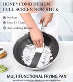  'HONEYCOMB DESIGN FULL SCREEN NON-STICK', 'No Rust', 'Easy To Clean', 'Anti-scalding Handle', and 'MULTIFUNCTIONAL FRYING PAN'.