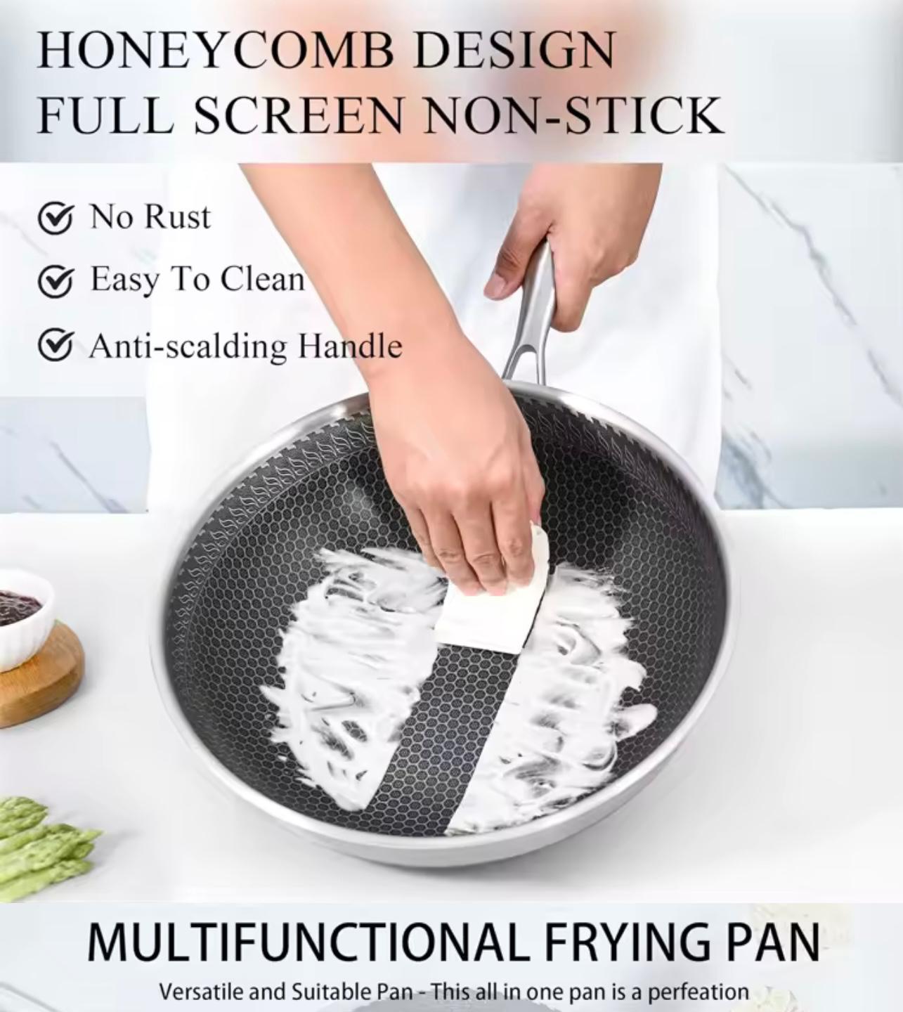  'HONEYCOMB DESIGN FULL SCREEN NON-STICK', 'No Rust', 'Easy To Clean', 'Anti-scalding Handle', and 'MULTIFUNCTIONAL FRYING PAN'.