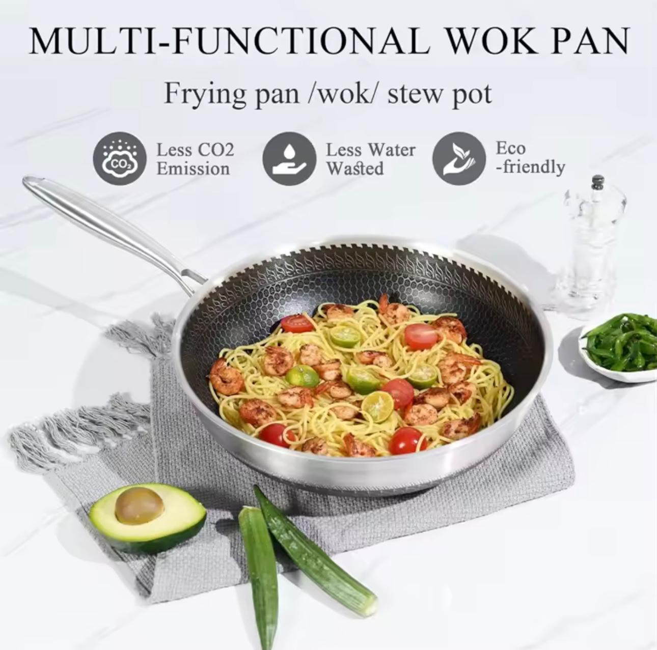 A multi-functional wok pan filled with shrimp and pasta, displayed on a gray cloth with vegetables and a pepper grinder on a white marble background. Text at the top highlights eco-friendly cooking benefits.

