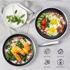 Two frying pans with food on a gray surface, featuring icons for non-PTFE, non-PFOA, no PFAS, and non-toxic.

