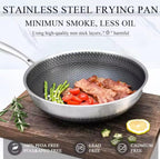 Stainless steel frying pan with a textured honeycomb interior, shown cooking bacon, asparagus, and tomatoes on a wooden cutting board. The image includes marketing text at the top and feature icons at the bottom.

