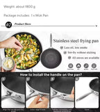 Stainless steel wok pan with a textured non-stick surface, shown alongside a hand seasoning pasta in a pan, installation steps for the handle, and product features on a white and black background.

