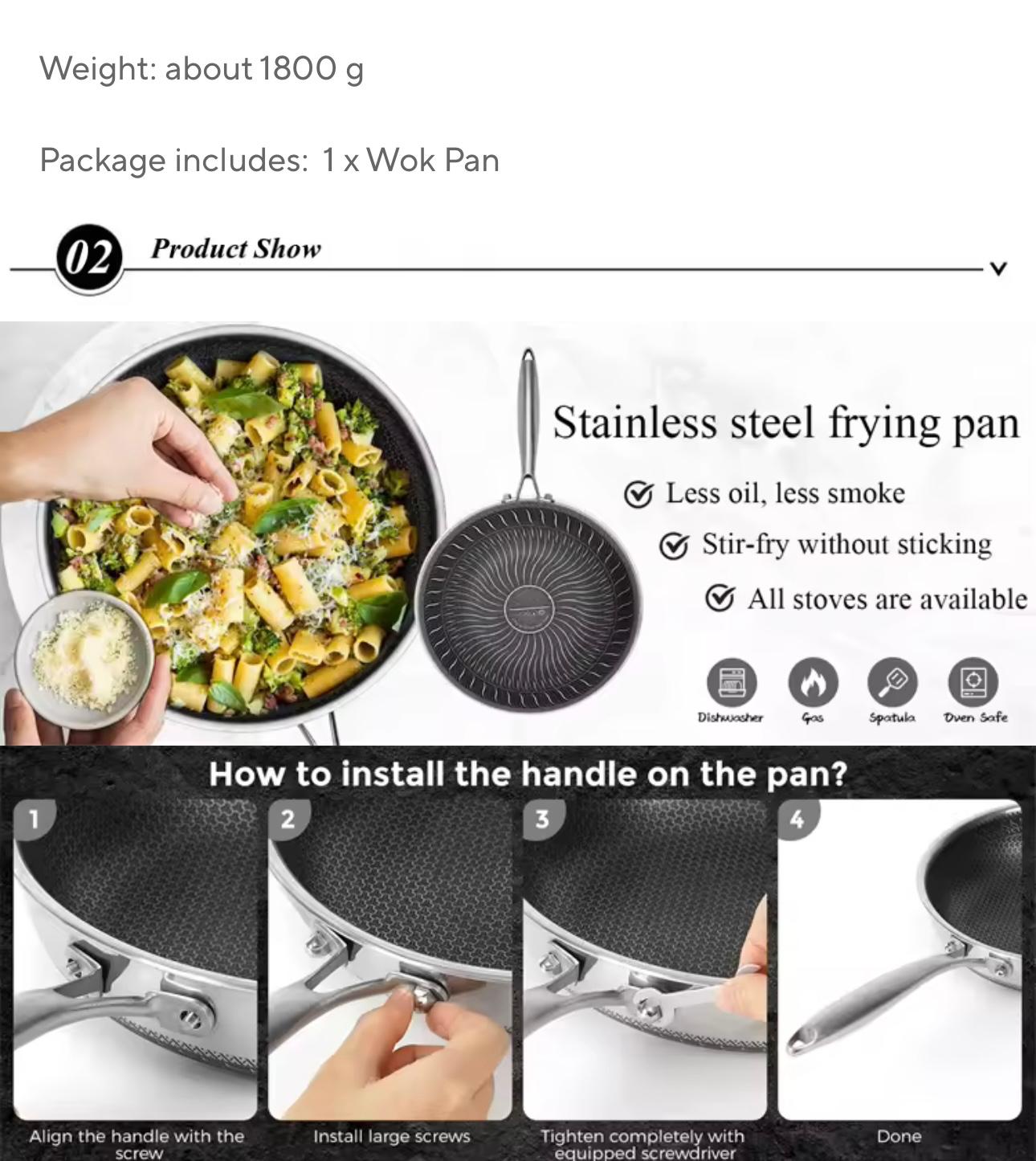 Stainless steel wok pan with a textured non-stick surface, shown alongside a hand seasoning pasta in a pan, installation steps for the handle, and product features on a white and black background.

