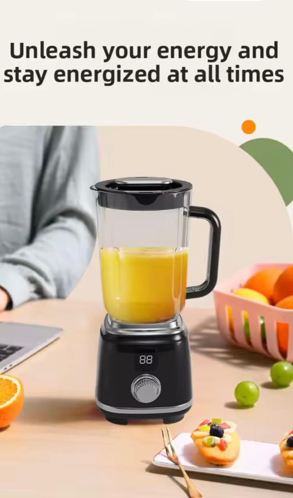 A countertop blender with a clear pitcher filled with orange juice, shown on a light wood table with a person seated at the left edge, fruit, and a laptop in the background. Large text at the top reads, 'Unleash your energy and stay energized at all times.

