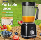 Tinsol portable blender with a black base and clear jar containing orange juice, shown on a wooden table with fruits and a grassy outdoor background. Text on the left highlights 1500 mah battery, 600 ML capacity, and self-cleaning system.

